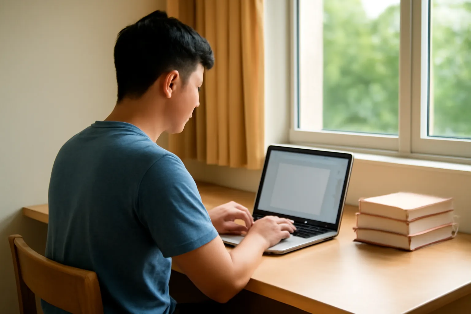 Sinh viên ngồi bàn gỗ ký túc xá gõ laptop bên chồng sách