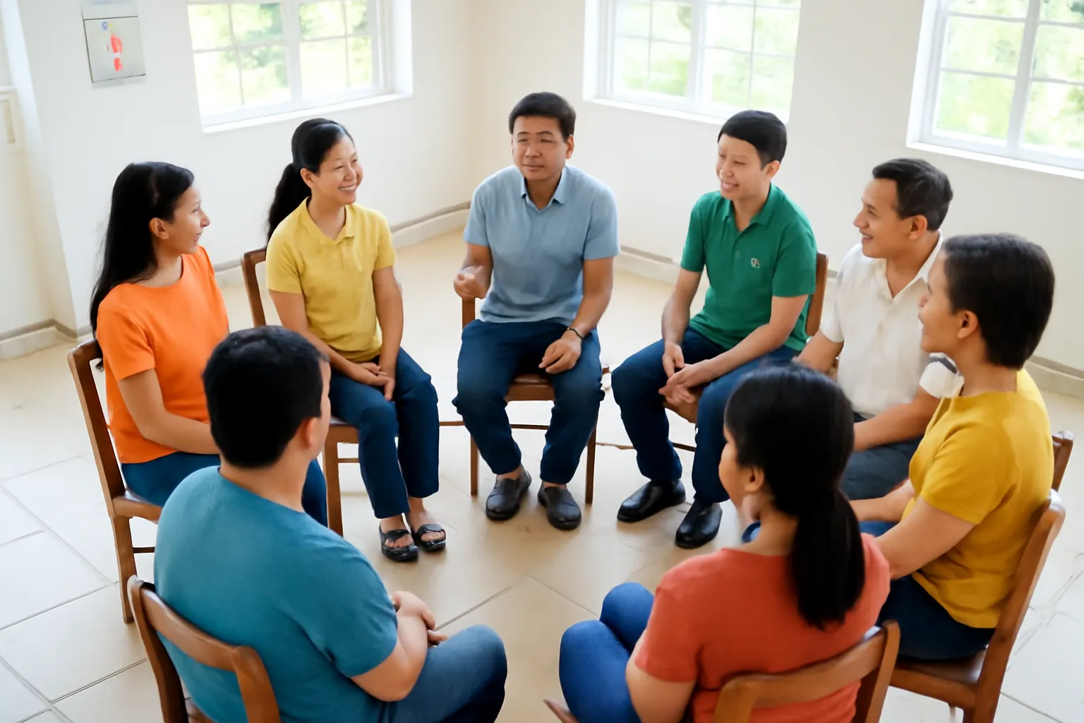 Vòng tròn người ngồi ghế gỗ trong phòng sinh hoạt câu lạc bộ, một người đang nói