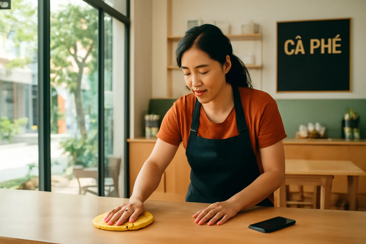 Chủ quán cà phê lau quầy buổi sáng, điện thoại úp bên cạnh