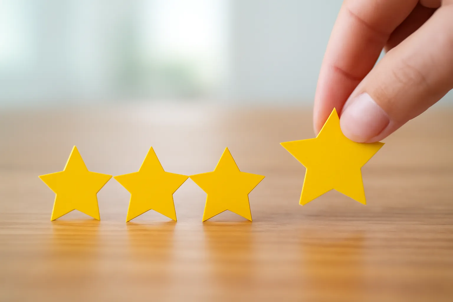 Năm ngôi sao giấy vàng xếp trên bàn gỗ, ngón tay nhấc một ngôi sao lên