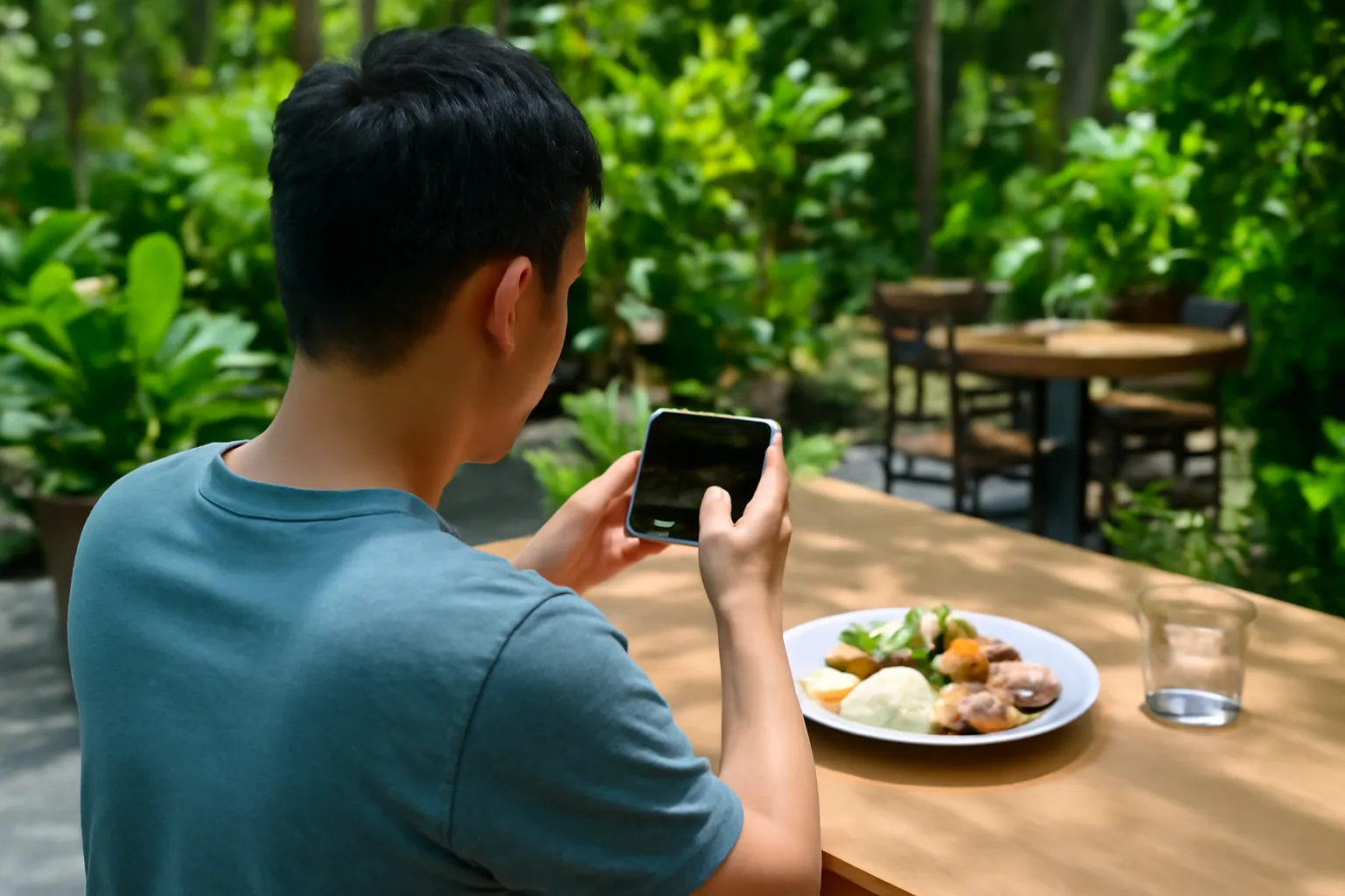 Người đàn ông chụp ảnh đĩa thức ăn bằng điện thoại ở quán sân vườn