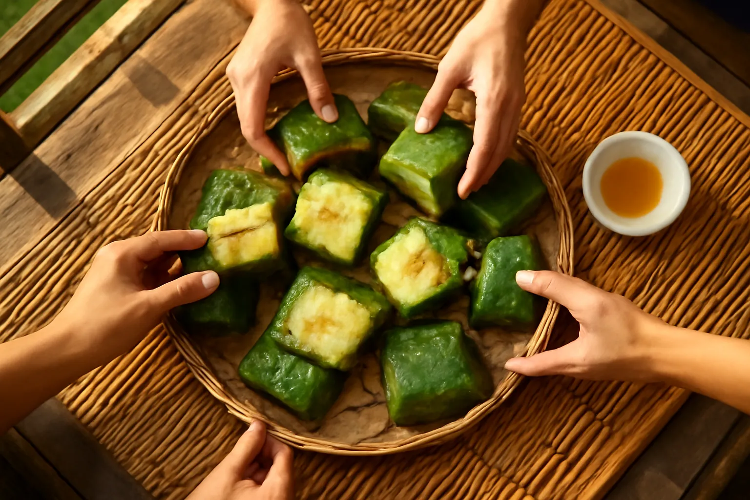 Mâm bánh dân dã miền Trung trên chiếu tre, nhiều bàn tay cùng gắp