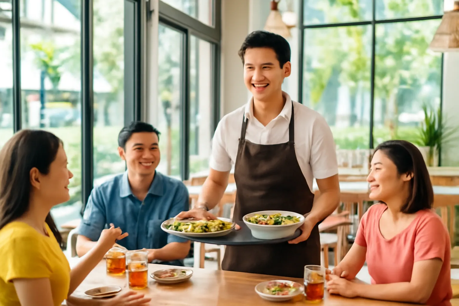 Nhân viên mặc tạp dề mang khay thức ăn tới bàn trong nhà hàng sáng sủa