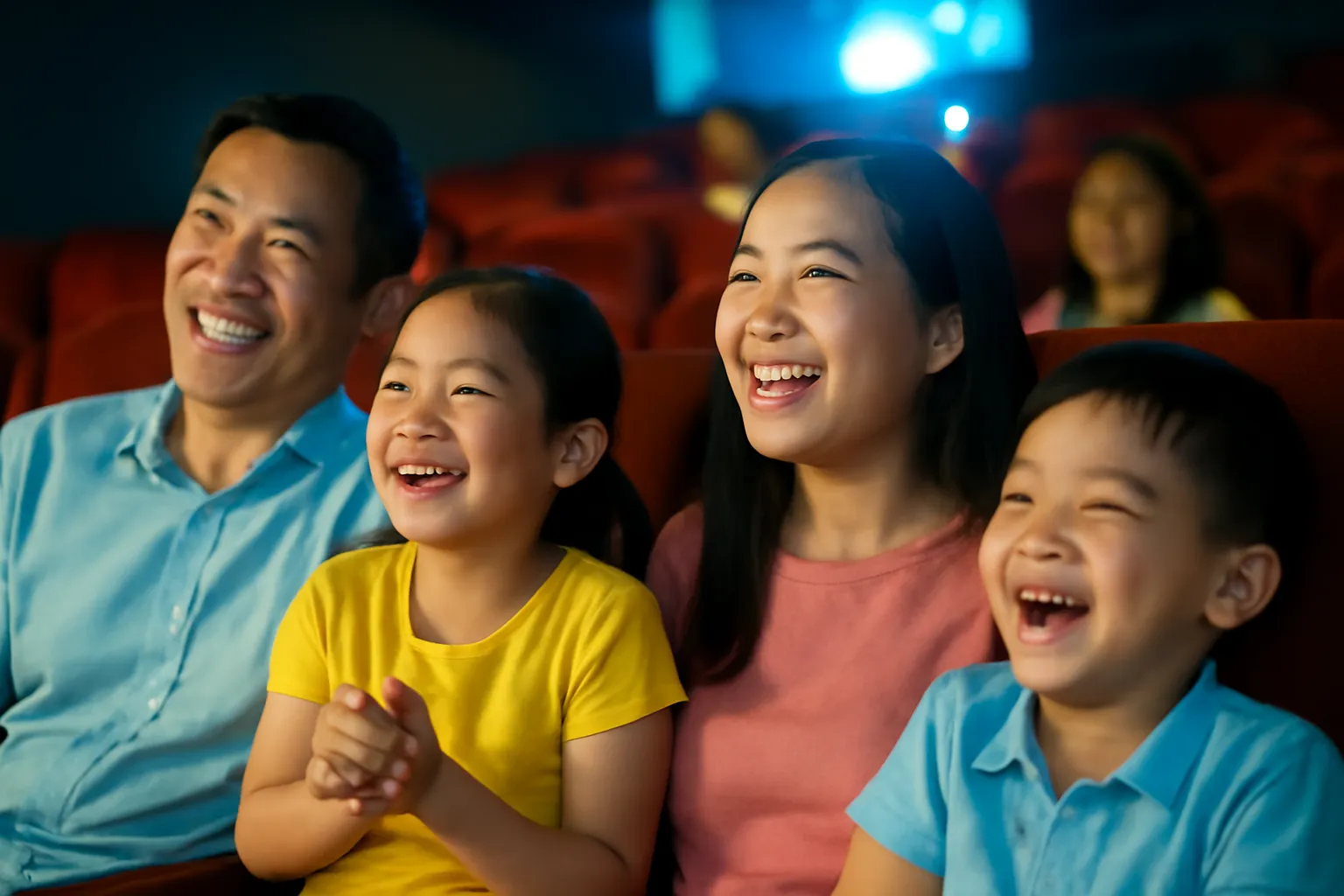 Gia đình có trẻ nhỏ cười vui trong rạp chiếu phim thiếu nhi