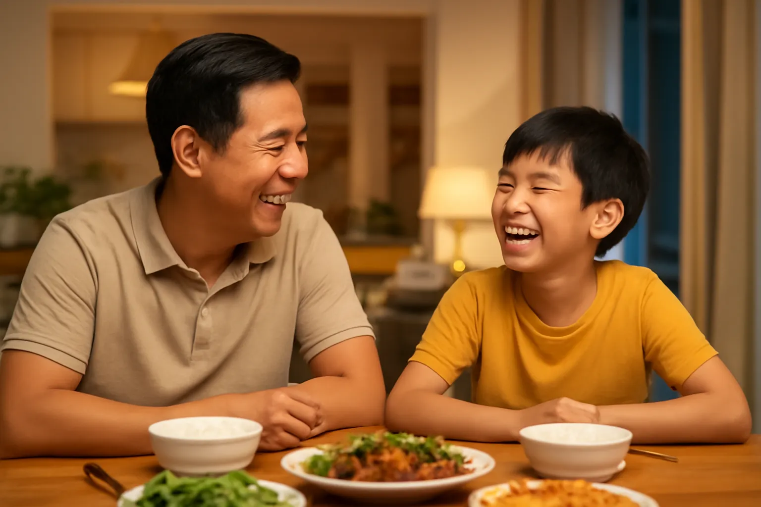 Bố và con trai trò chuyện vui vẻ bên bàn ăn sau khi xem phim