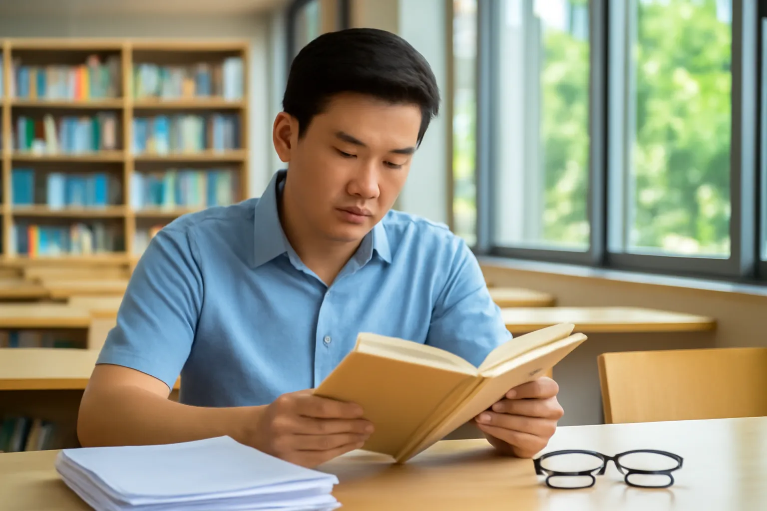 Người đàn ông ngồi phòng đọc thư viện đại học bên chồng tài liệu