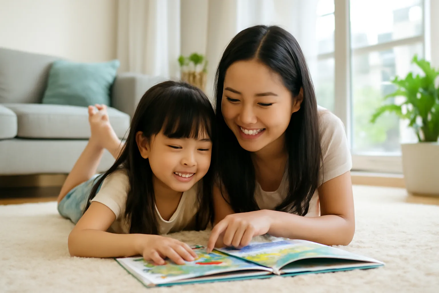 Mẹ và con gái nằm sấp trên thảm đọc sách tranh cùng nhau