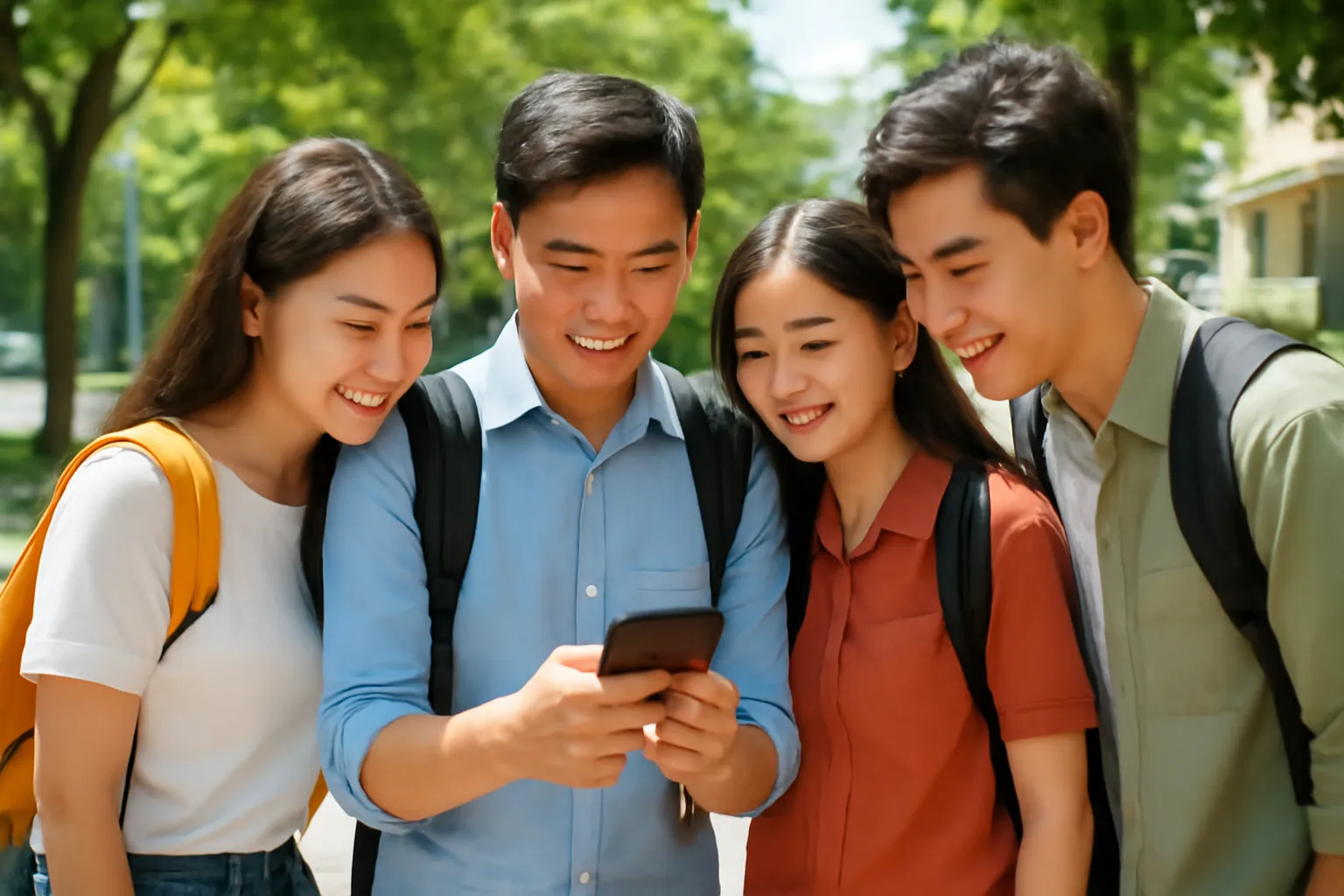 Nhóm sinh viên chụm đầu xem chung một điện thoại trên vỉa hè buổi trưa