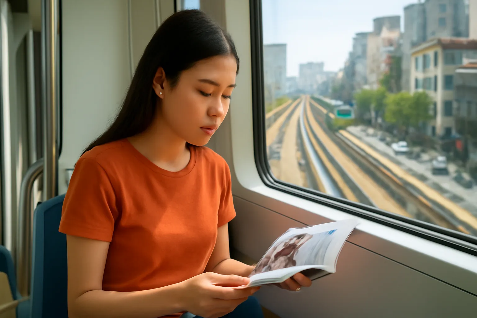 Cô gái ngồi tàu điện trên cao đọc tạp chí giấy, nắng qua cửa kính