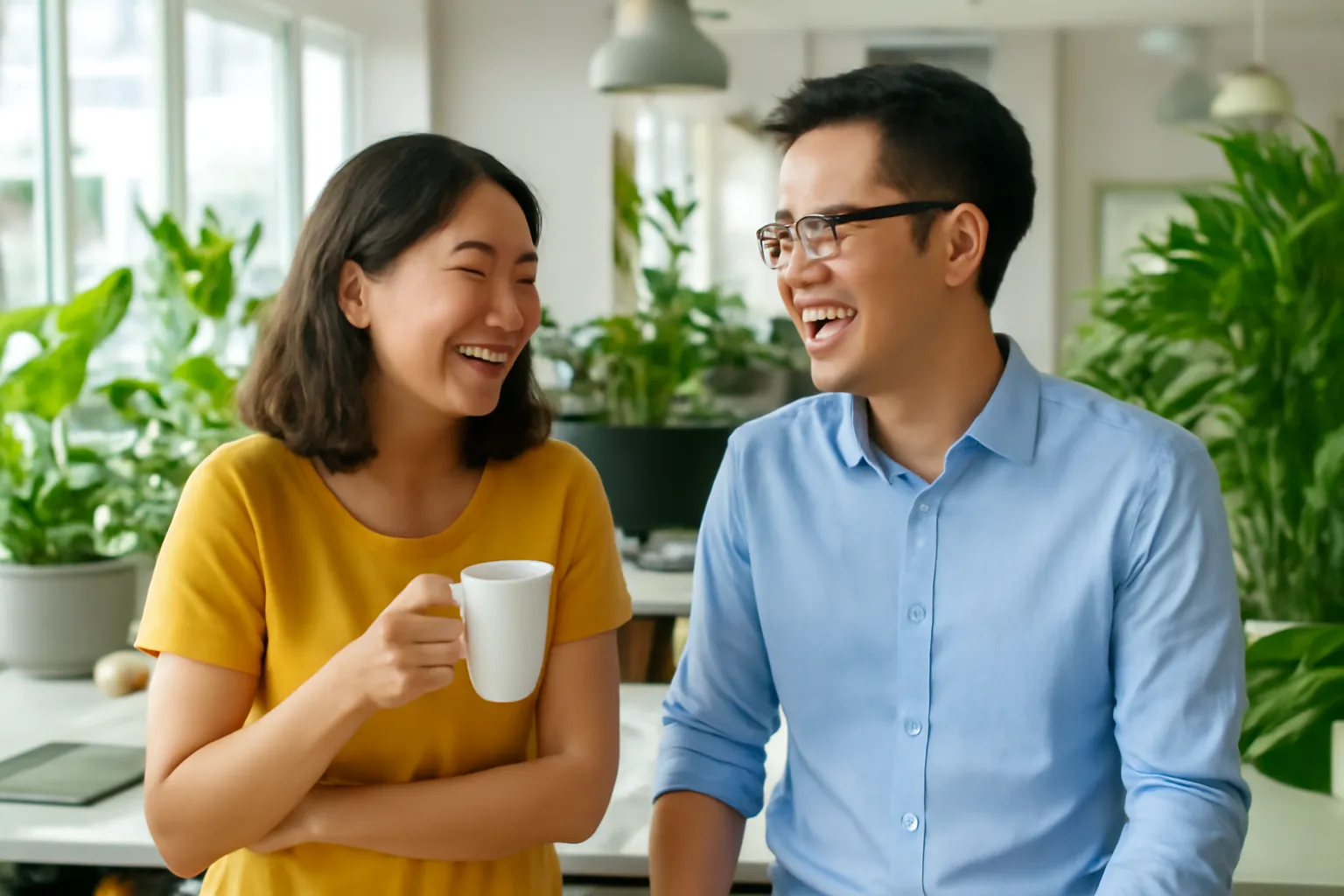 Hai biên tập viên cười trong văn phòng toà soạn nhiều cây xanh