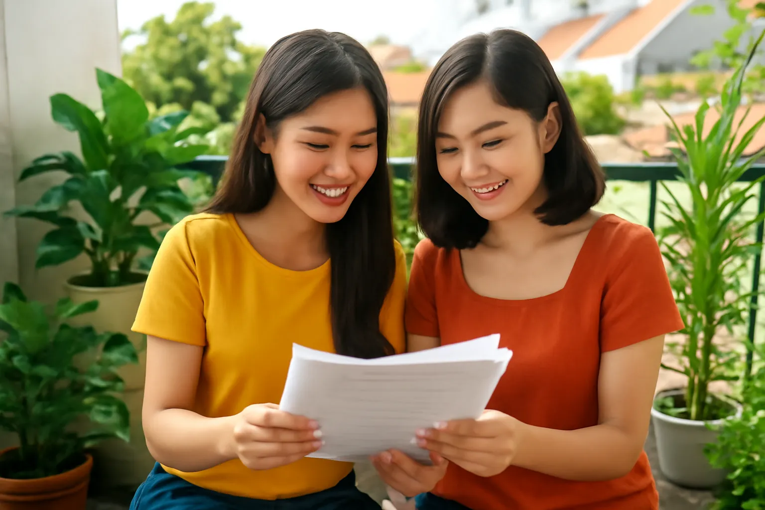 Hai cô gái ngồi ban công đọc chung một xấp bản thảo