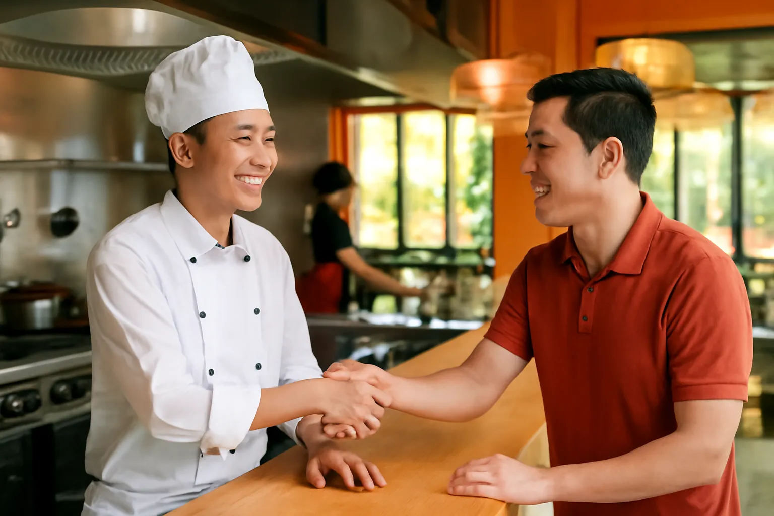 Đầu bếp trẻ bắt tay vị khách ở cửa bếp mở, cả hai cùng cười