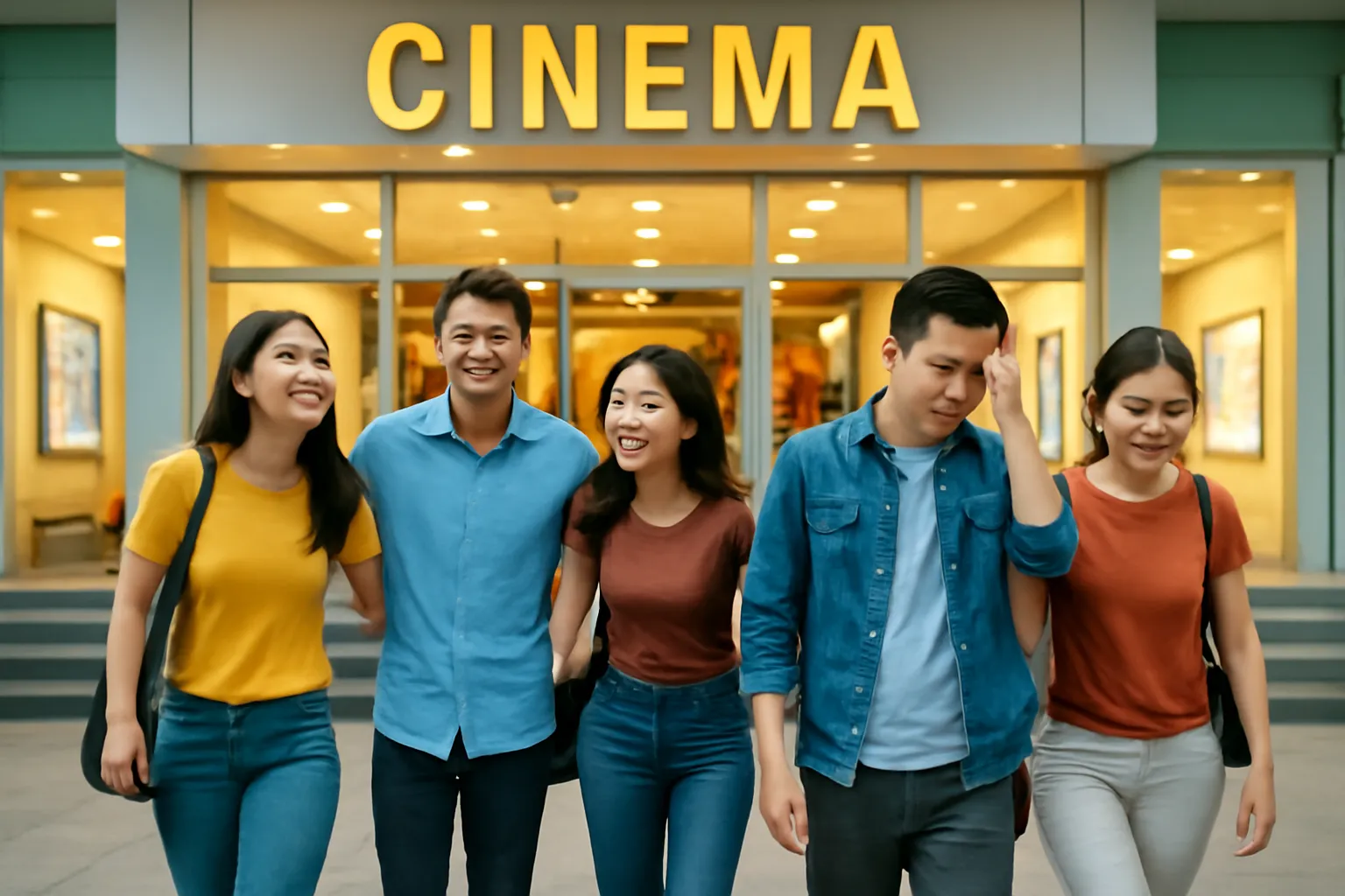 Hai nhóm khán giả bước ra từ rạp, một nhóm cười, một nhóm lắc đầu