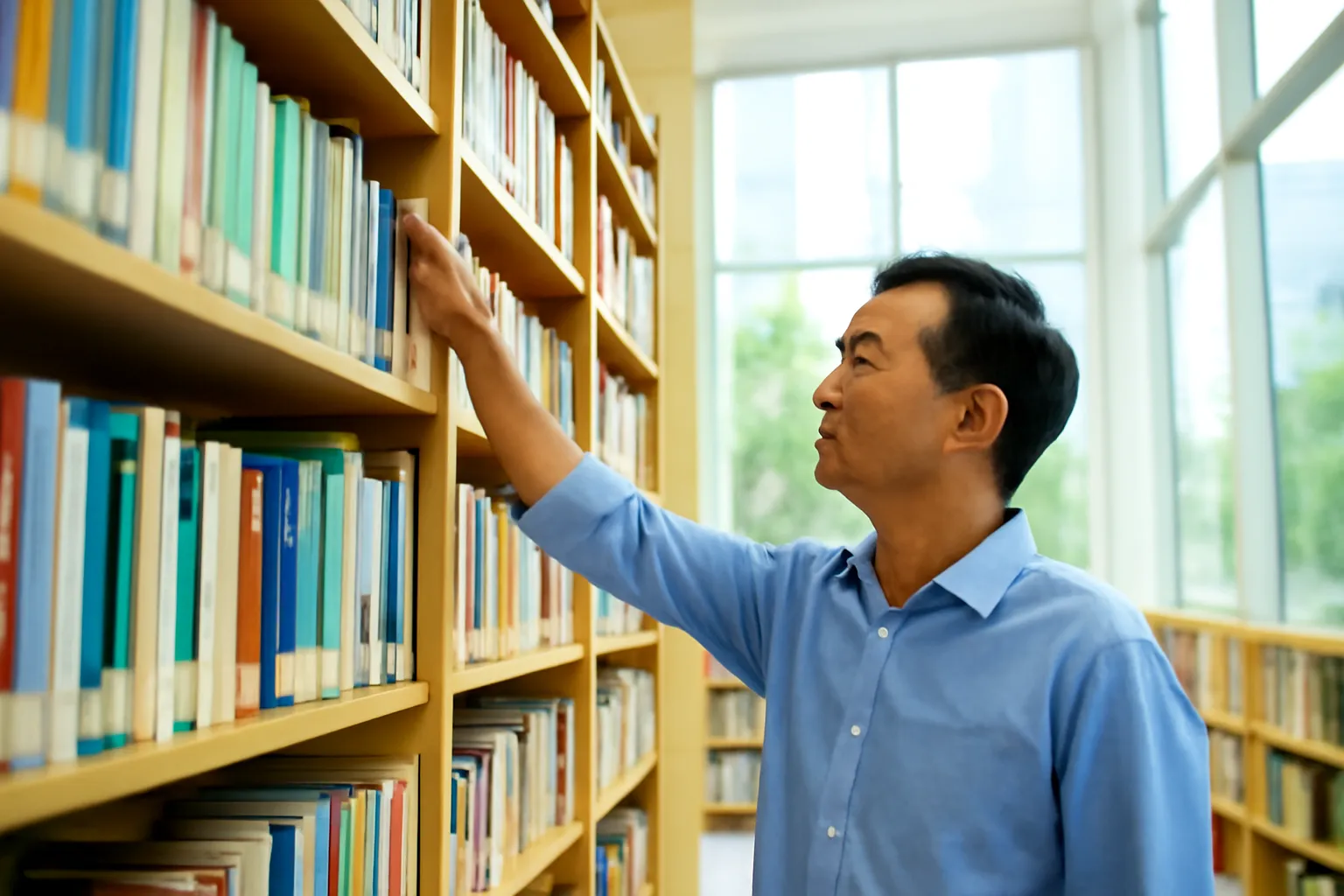 Người đàn ông trung niên với tay lấy sách trên kệ gỗ cao trong thư viện