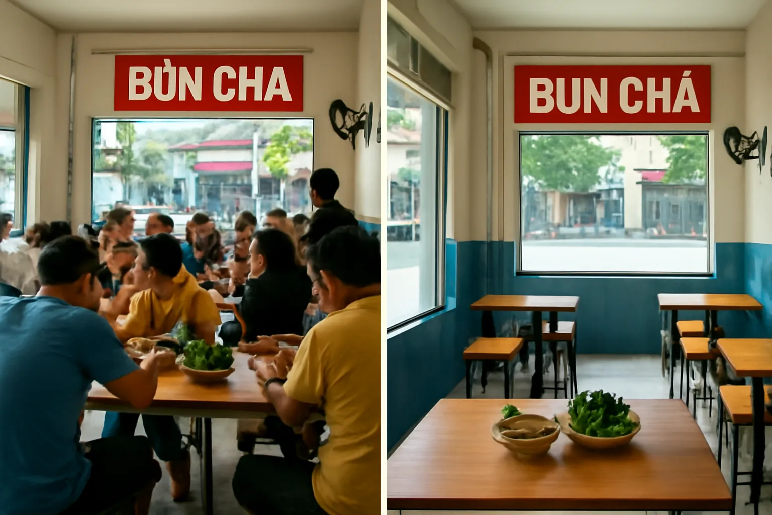 Góc quán bún chả trưa đông khách và cùng góc ấy lúc vắng
