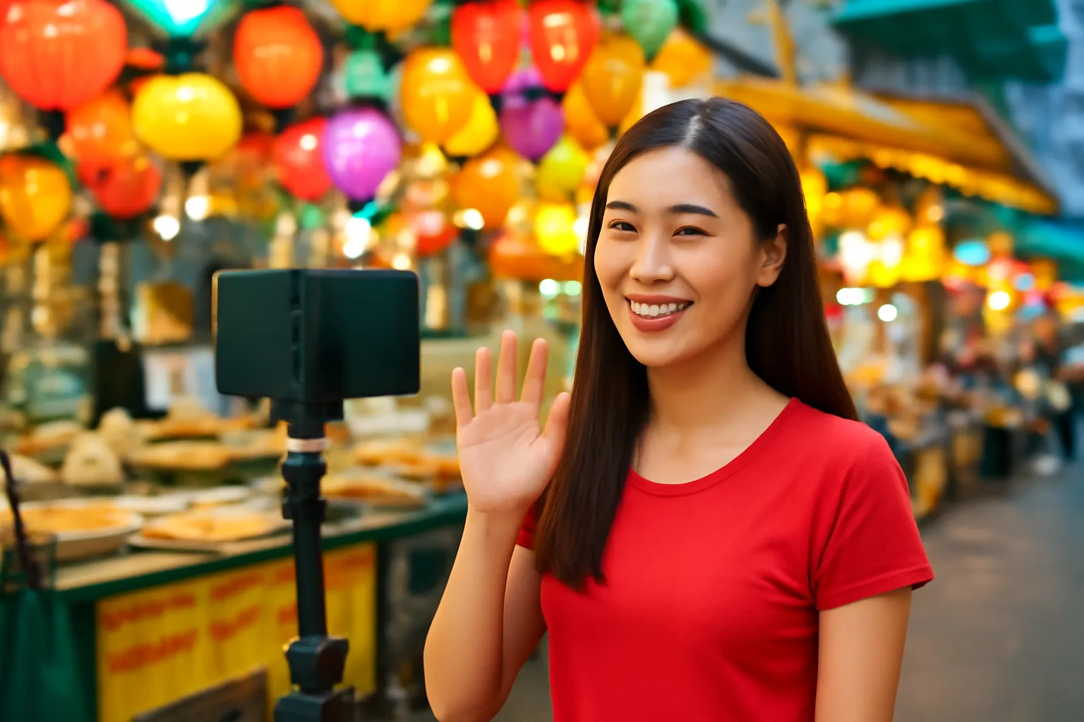 Cô gái tự quay video bằng điện thoại ở chợ đêm, đèn lồng rực rỡ