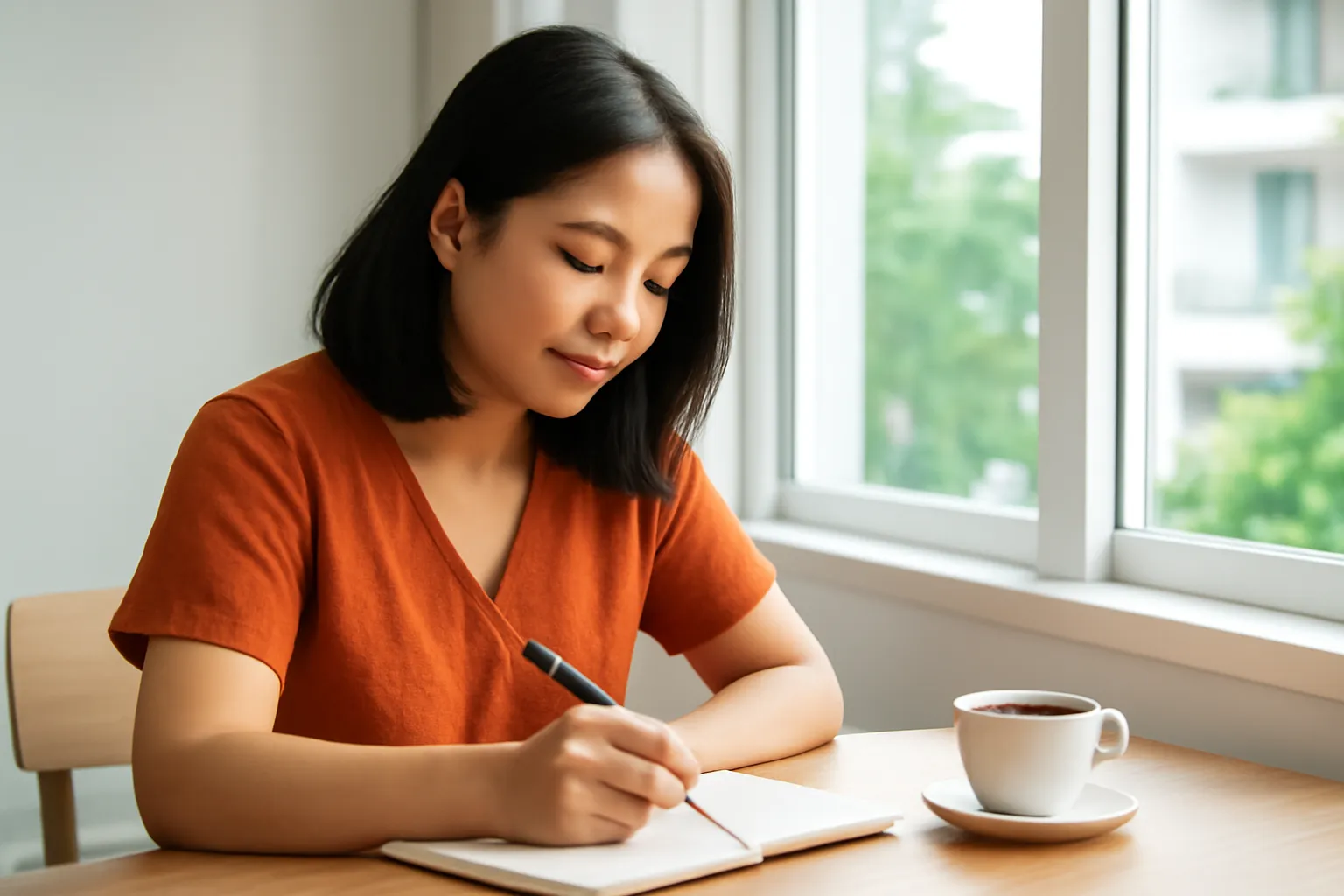 Người phụ nữ ghi chép vào sổ tay bên cửa sổ căn hộ buổi sáng