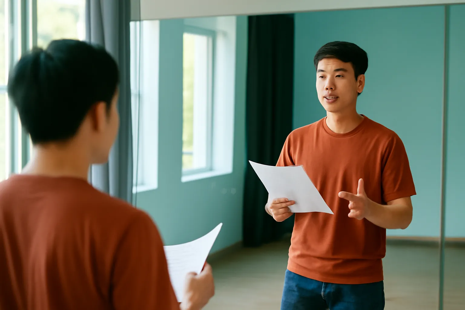 Diễn viên trẻ tập thoại trước gương trong phòng tập sân khấu