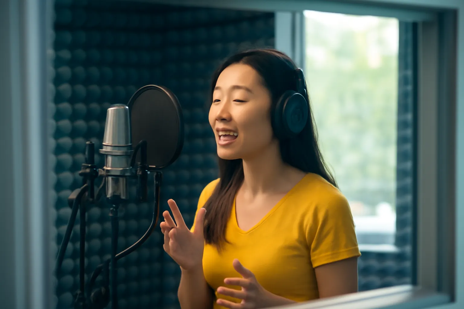 Ca sĩ nữ trẻ hát trong phòng thu tường tiêu âm, nhìn qua lớp kính