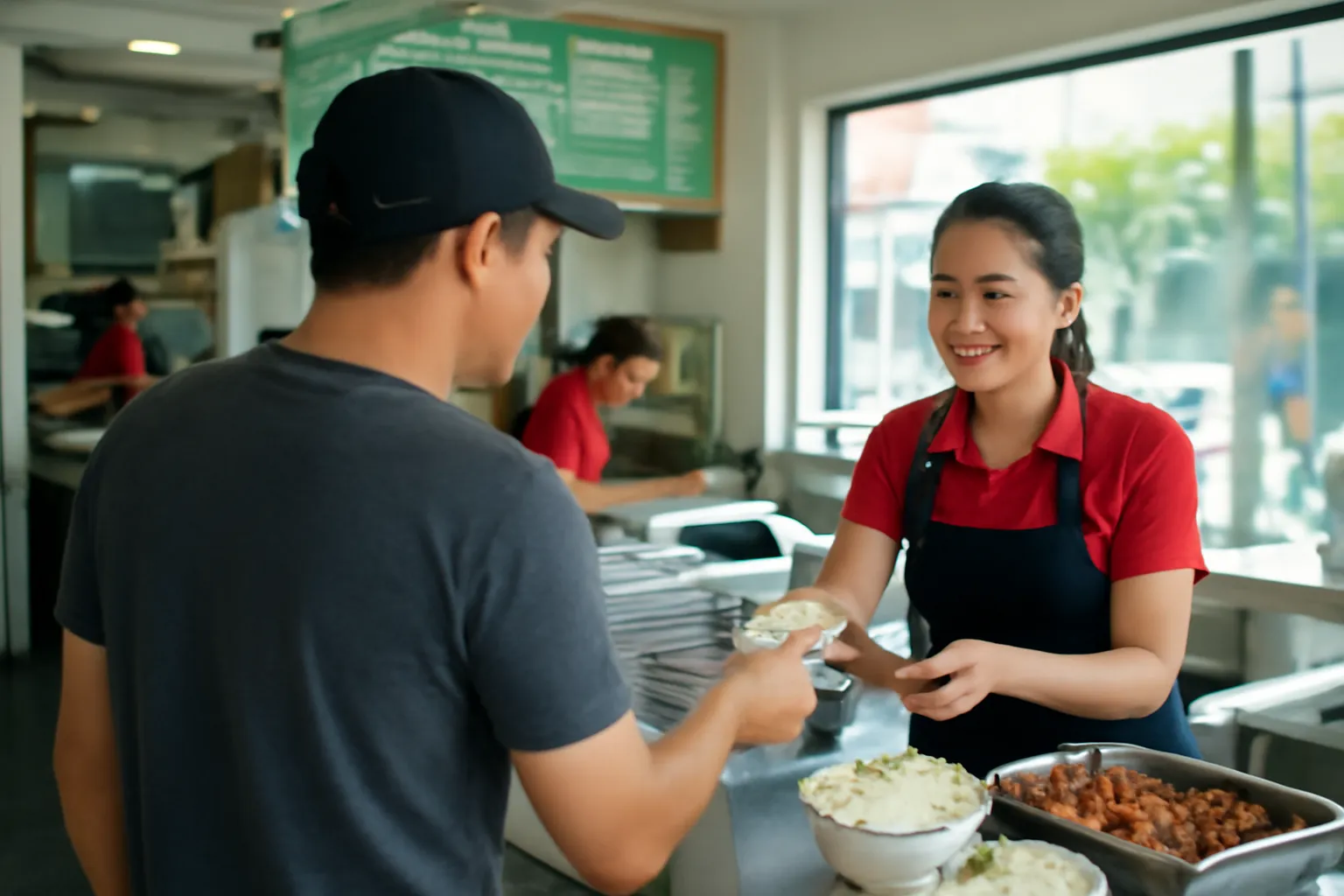 Người đàn ông đội mũ lưỡi trai trả tiền tại quầy quán cơm