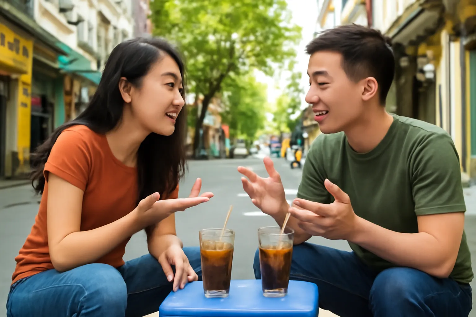 Hai người bạn trẻ trò chuyện sôi nổi bên cốc cà phê ở quán vỉa hè