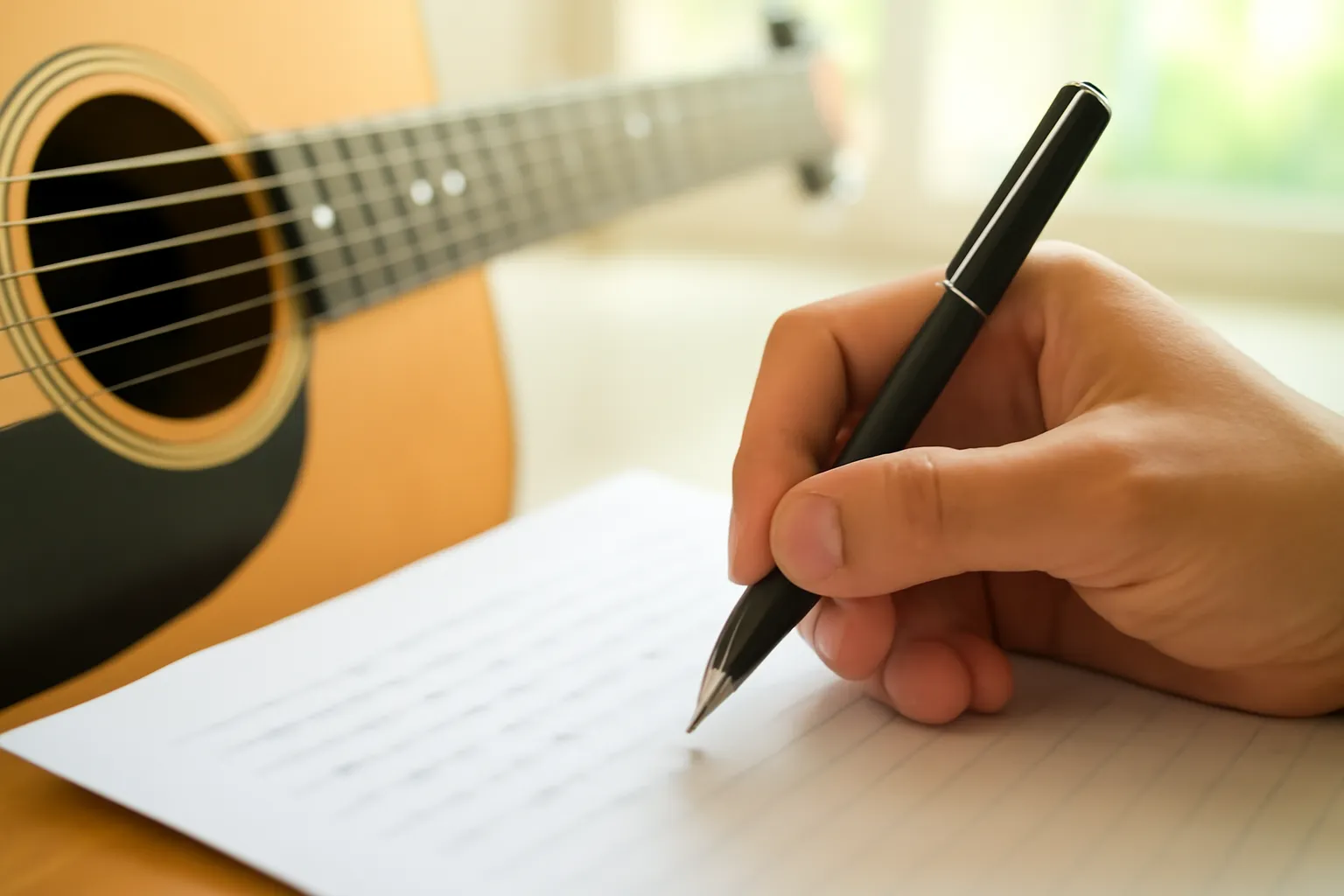 Bàn tay cầm bút trên tờ giấy viết tay cạnh cây đàn guitar gỗ