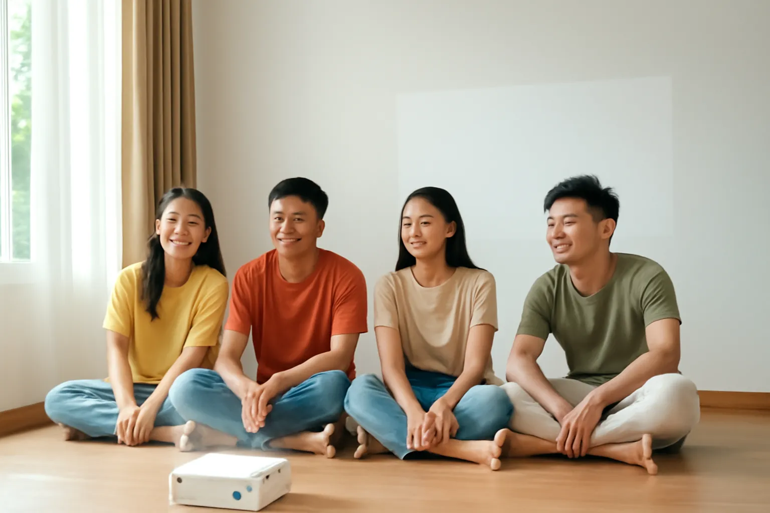Nhóm bạn ngồi bệt sàn gỗ xem phim chiếu lên tường trắng