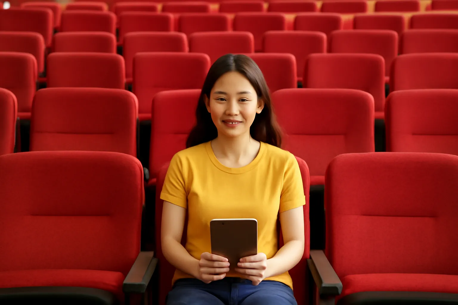 Cô gái ngồi giữa hàng ghế rạp chiếu đỏ trống, cầm cuốn sổ nhỏ