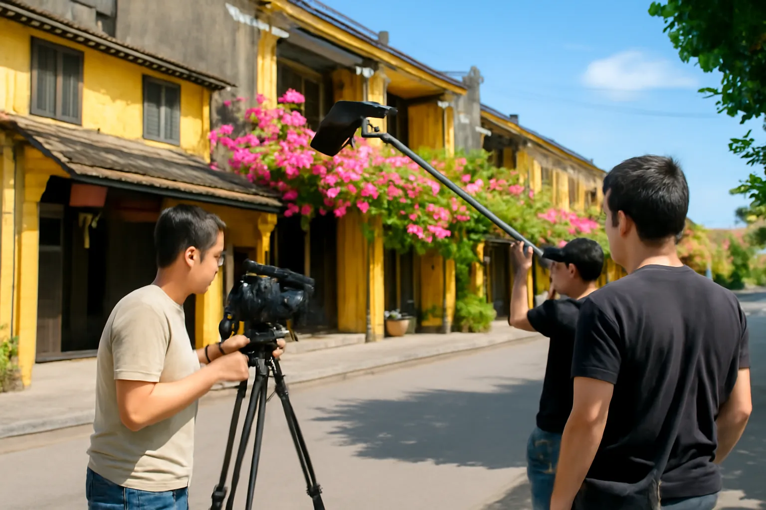 Đoàn làm phim nhỏ quay ngoài trời trên phố cổ, người cầm sào thu âm