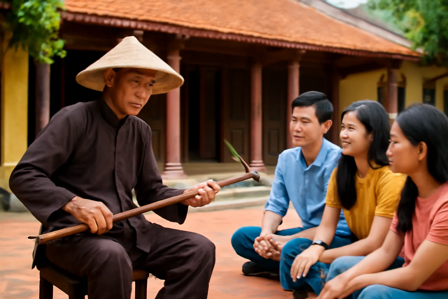 Nghệ nhân lớn tuổi chơi đàn bầu trong sân đình, vài người trẻ ngồi nghe