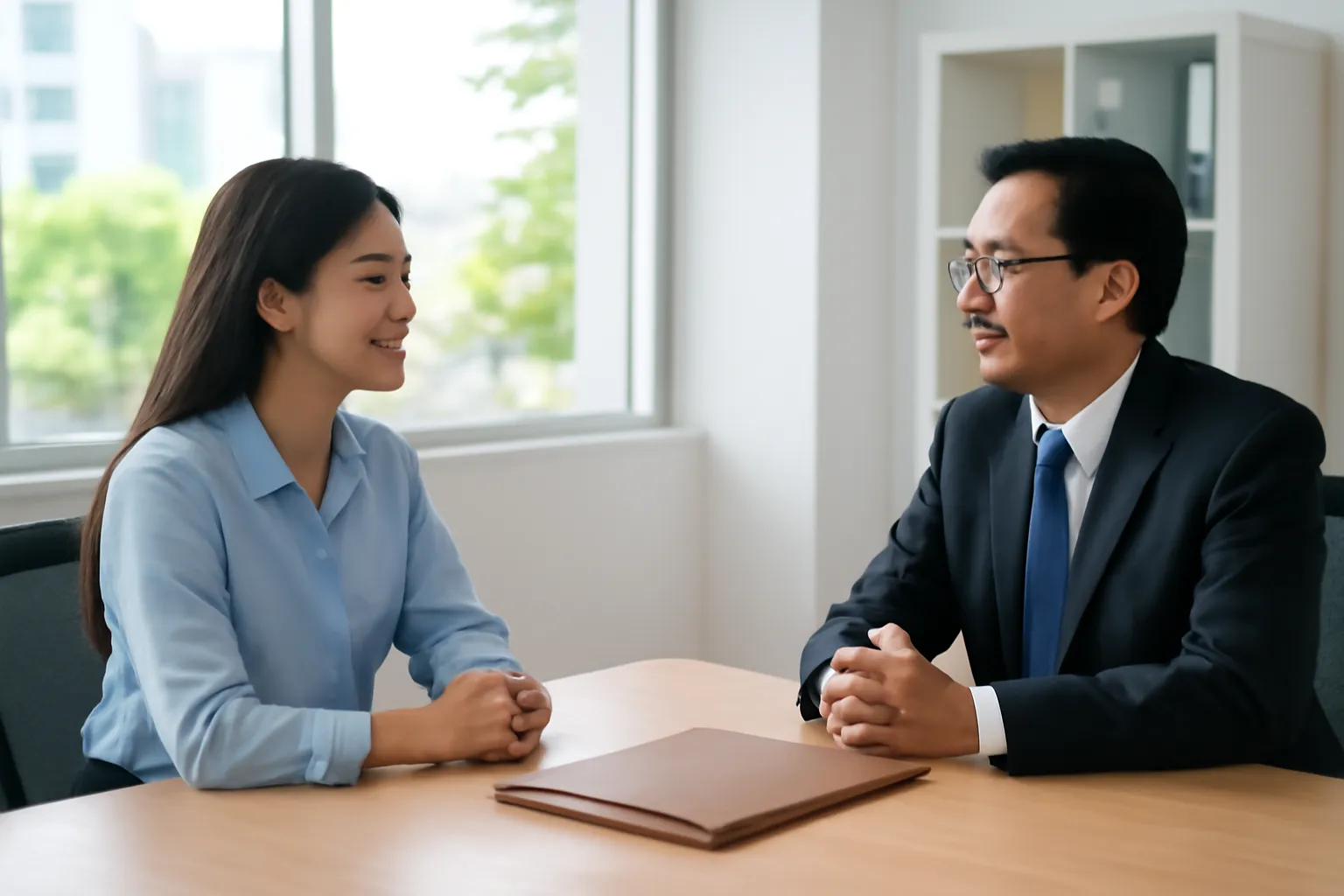 Người phụ nữ trẻ ngồi đối diện luật sư trung niên trong văn phòng sáng sủa