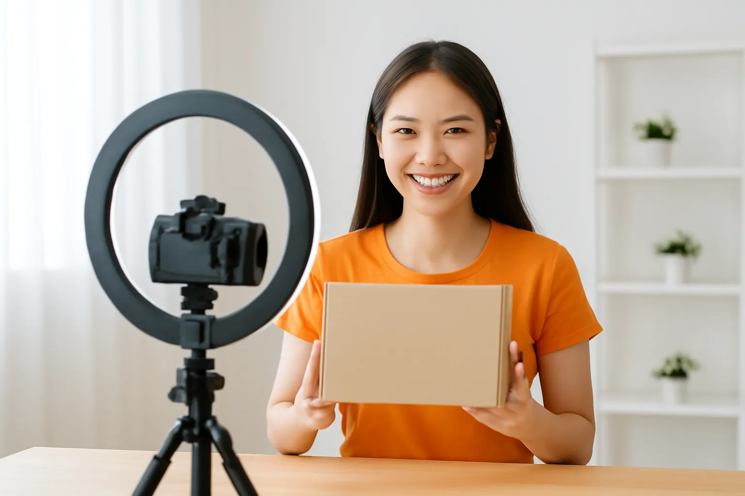 Người làm nội dung trước đèn vòng, quay hộp sản phẩm trơn ra máy quay