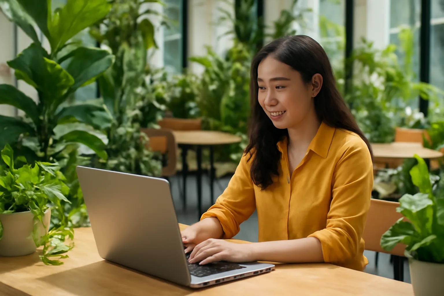 Người viết tự do làm việc ở không gian làm việc chung nhiều cây xanh