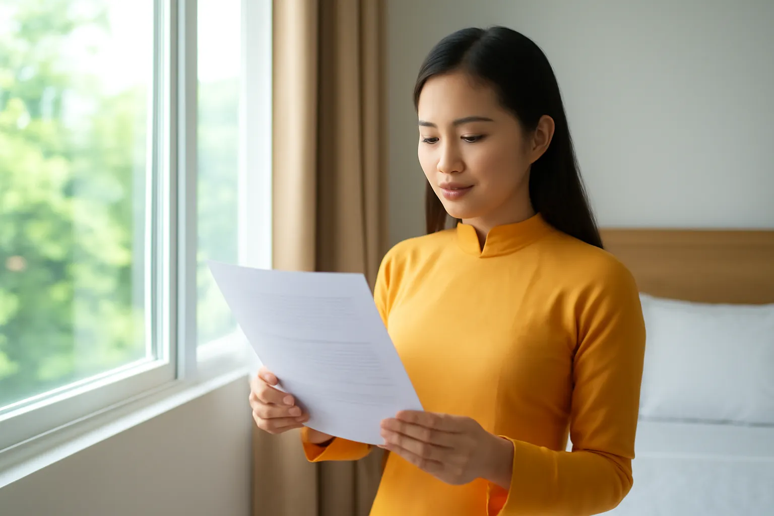 Người phụ nữ đứng cạnh cửa sổ phòng ngủ đọc to bản in