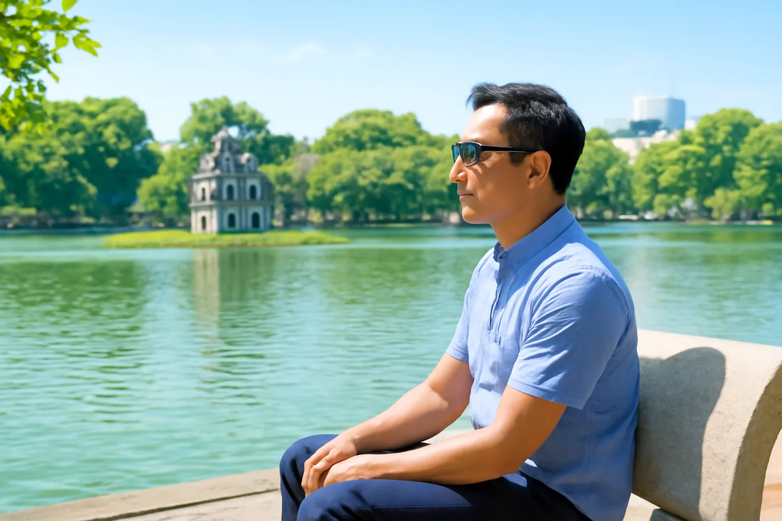 Người đàn ông đeo kính râm màu ngồi ghế đá ven hồ nhìn cảnh vật