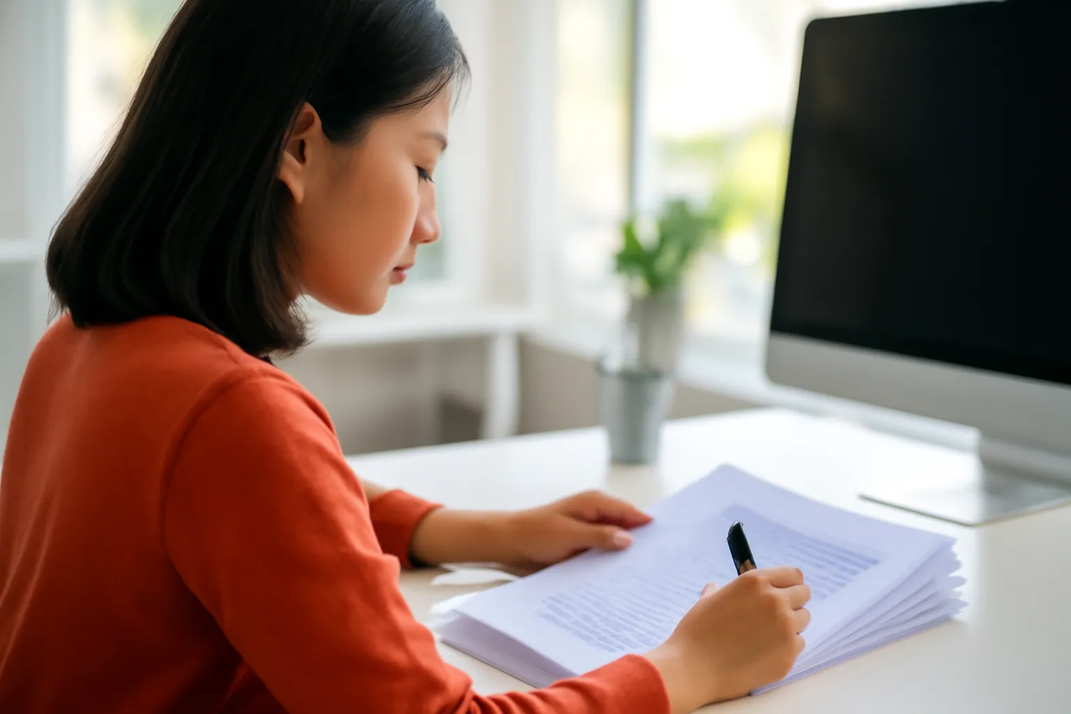 Phóng viên trẻ gạch bút trên xấp giấy in trong toà soạn
