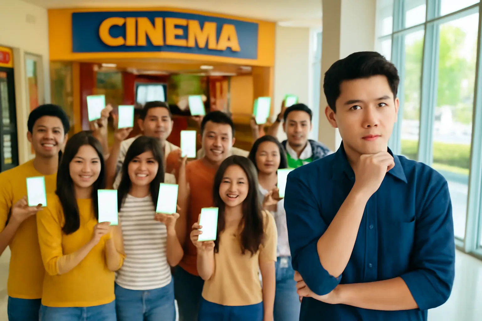 Đám đông bạn trẻ cầm điện thoại ở sảnh rạp phim, một người đứng trầm ngâm