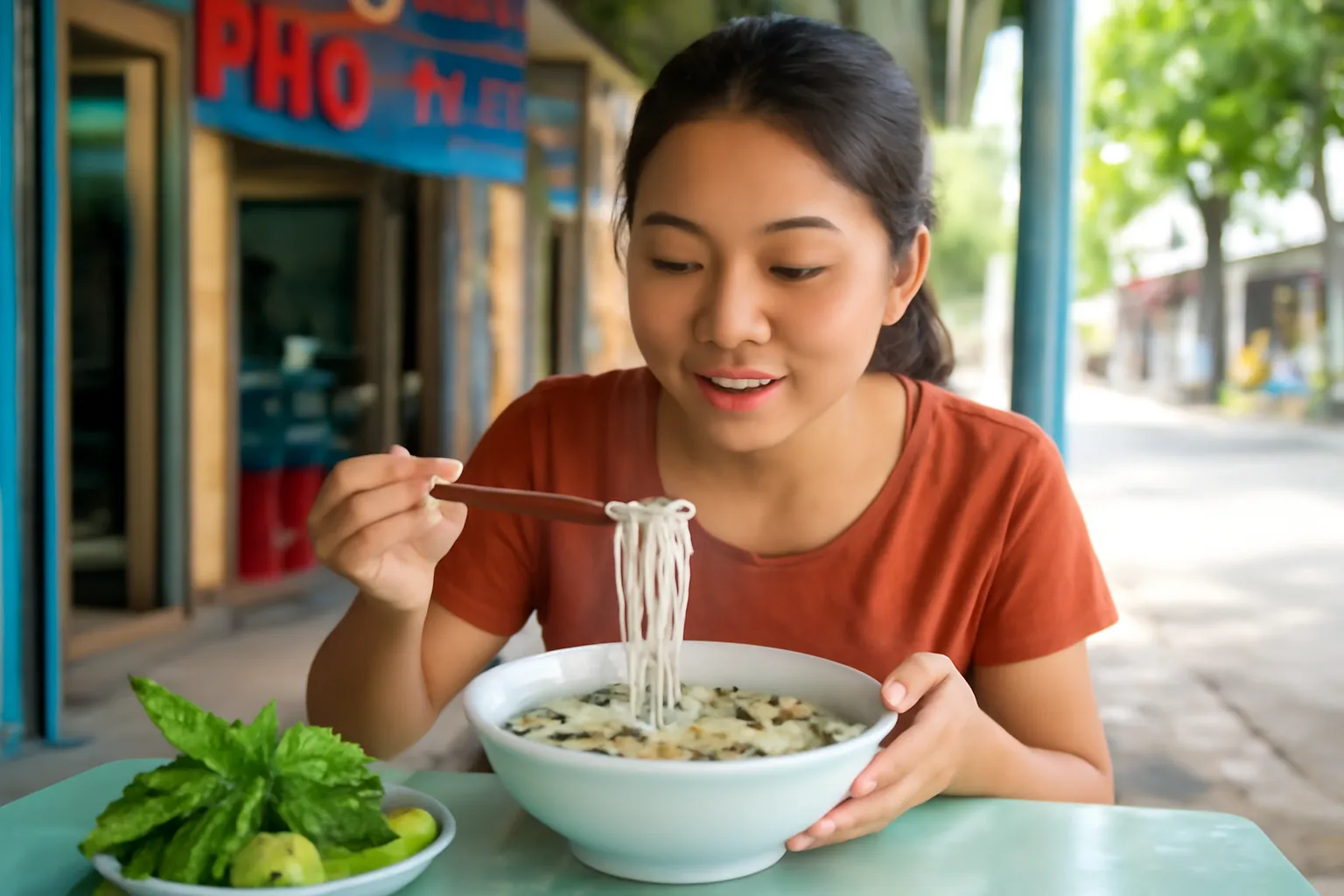 Người phụ nữ ăn tô phở ở quán nhỏ góc phố, hơi nước bốc lên