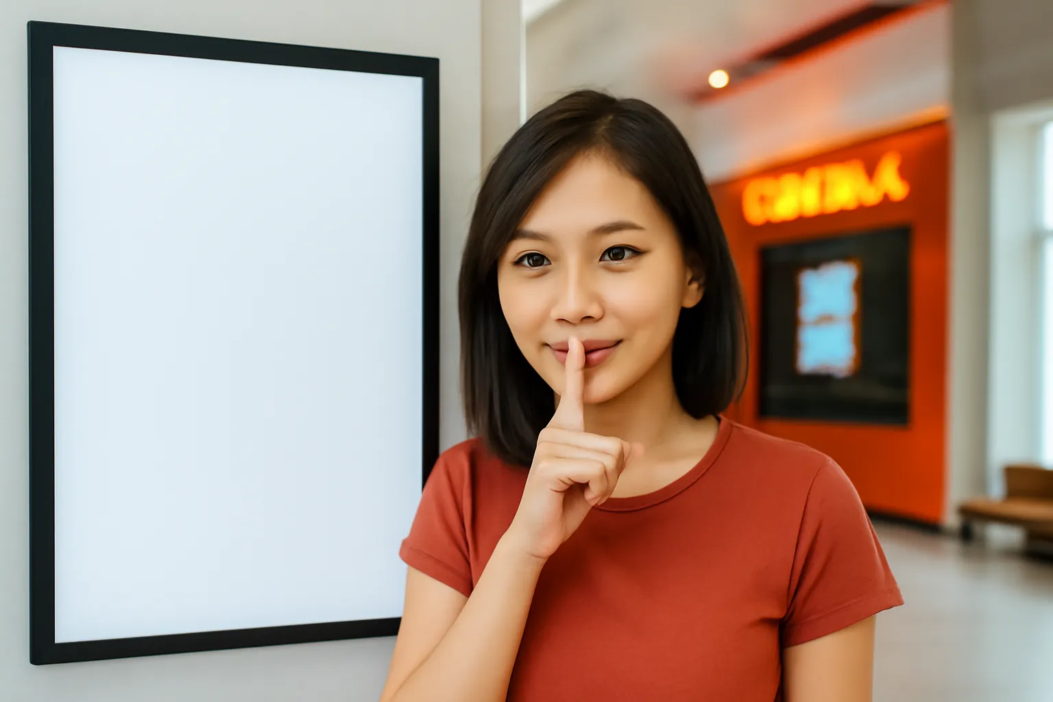Cô gái đưa ngón tay lên môi ra hiệu giữ bí mật ở sảnh rạp