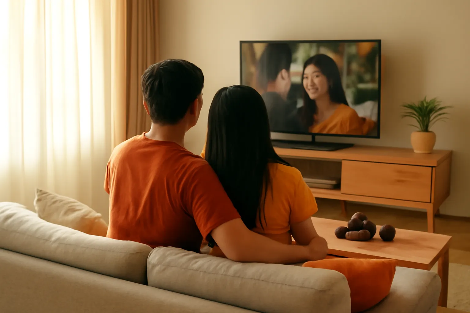 Cặp vợ chồng ngồi sofa xem phim ở phòng khách buổi chiều
