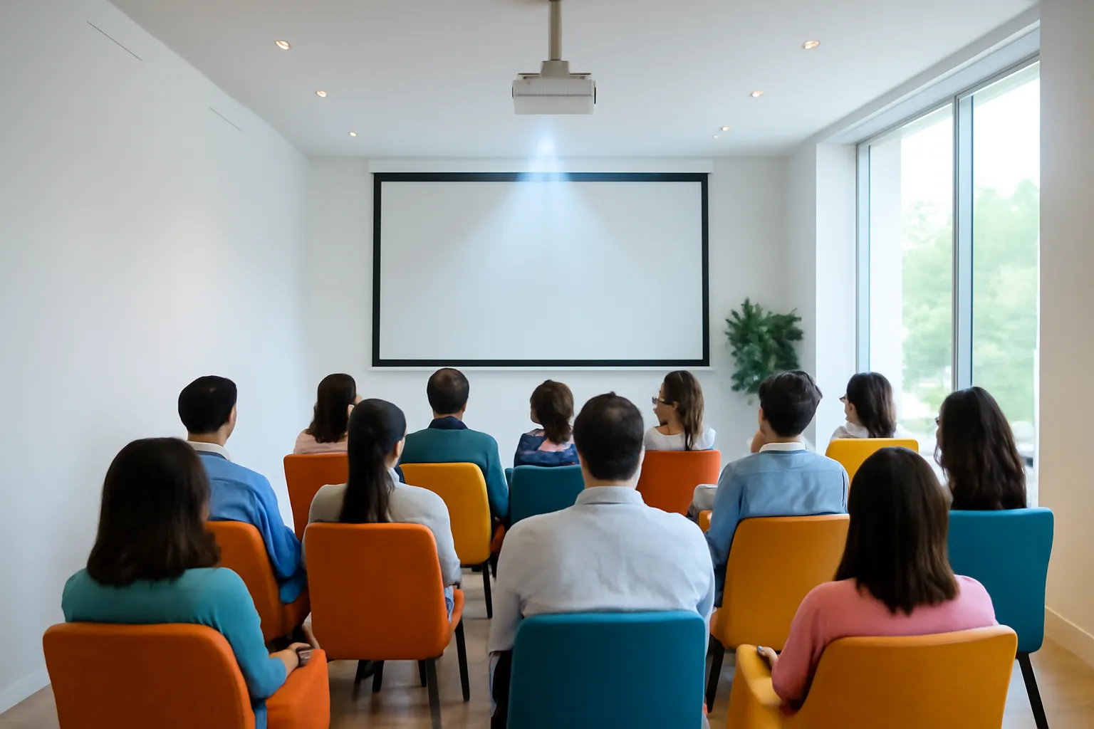 Buổi chiếu báo chí trong phòng nhỏ, người xem nhìn lên luồng sáng máy chiếu