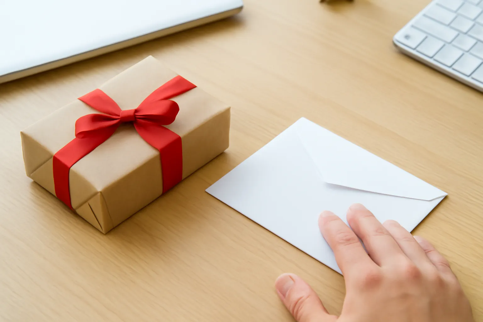 Hộp quà buộc nơ cạnh phong bì trắng trên bàn, bàn tay đẩy ra